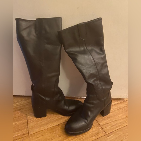 Zara Wide Block Heel Leather Knee High Boots - Picture 2 of 12